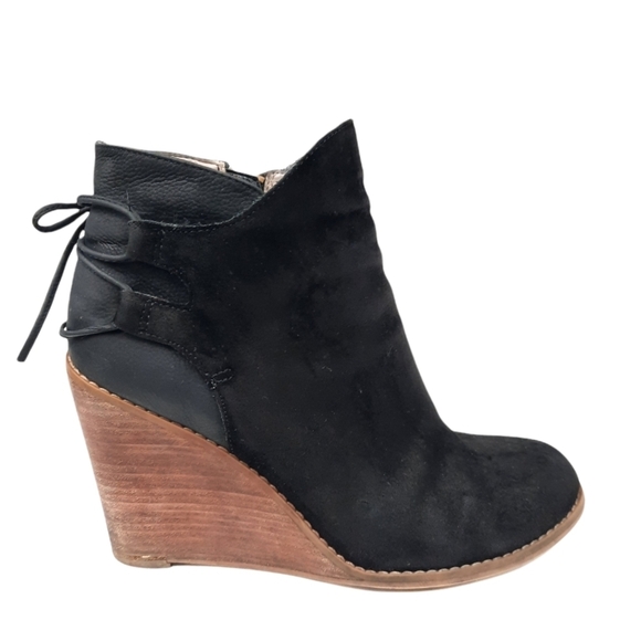 Hinge Tracer Black Suede Leather Wooden Stacked Wedge Ankle Boots Size 8 Women's - Picture 11 of 11